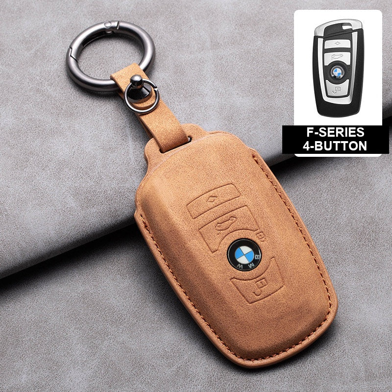 BMW brown-tan leather key case, F-Series 4-button key, ring buckle