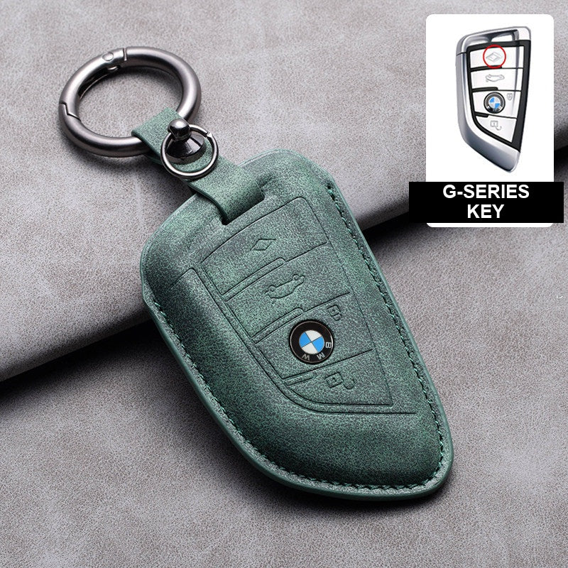 BMW olive green leather key case, G-Series key, ring buckle
