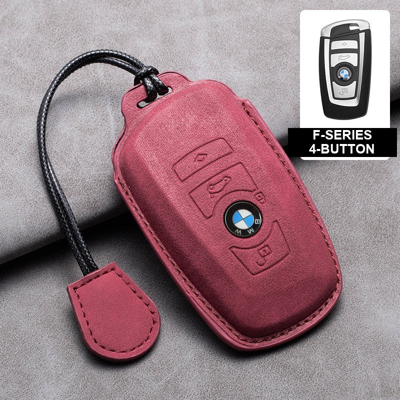 BMW red leather key case, F-Series 4-button key, cord buckle