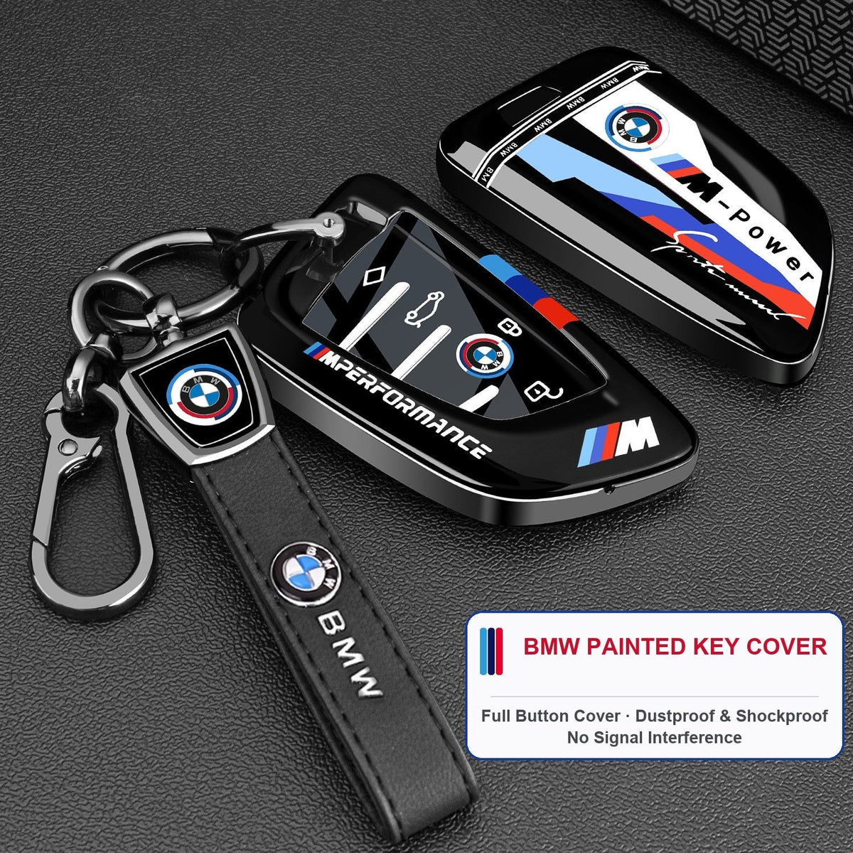 BMW M black painted key fob cover with leather BMW keychain strap