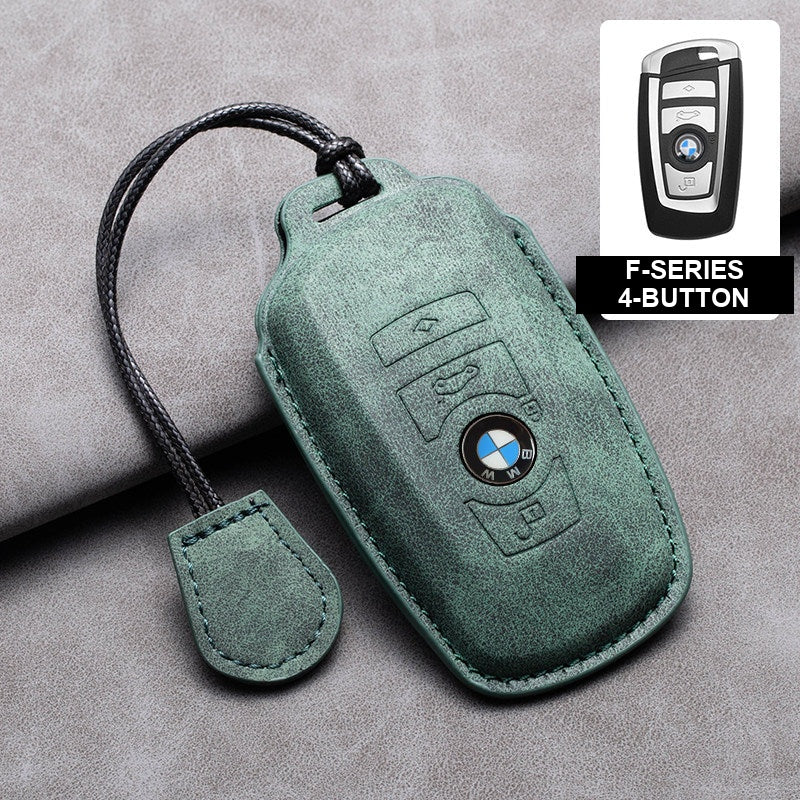 BMW olive green leather key case, F-Series 4-button key, cord buckle