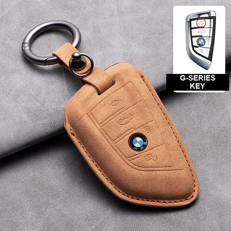 BMW brown-tan leather key case, G-Series key, ring buckle