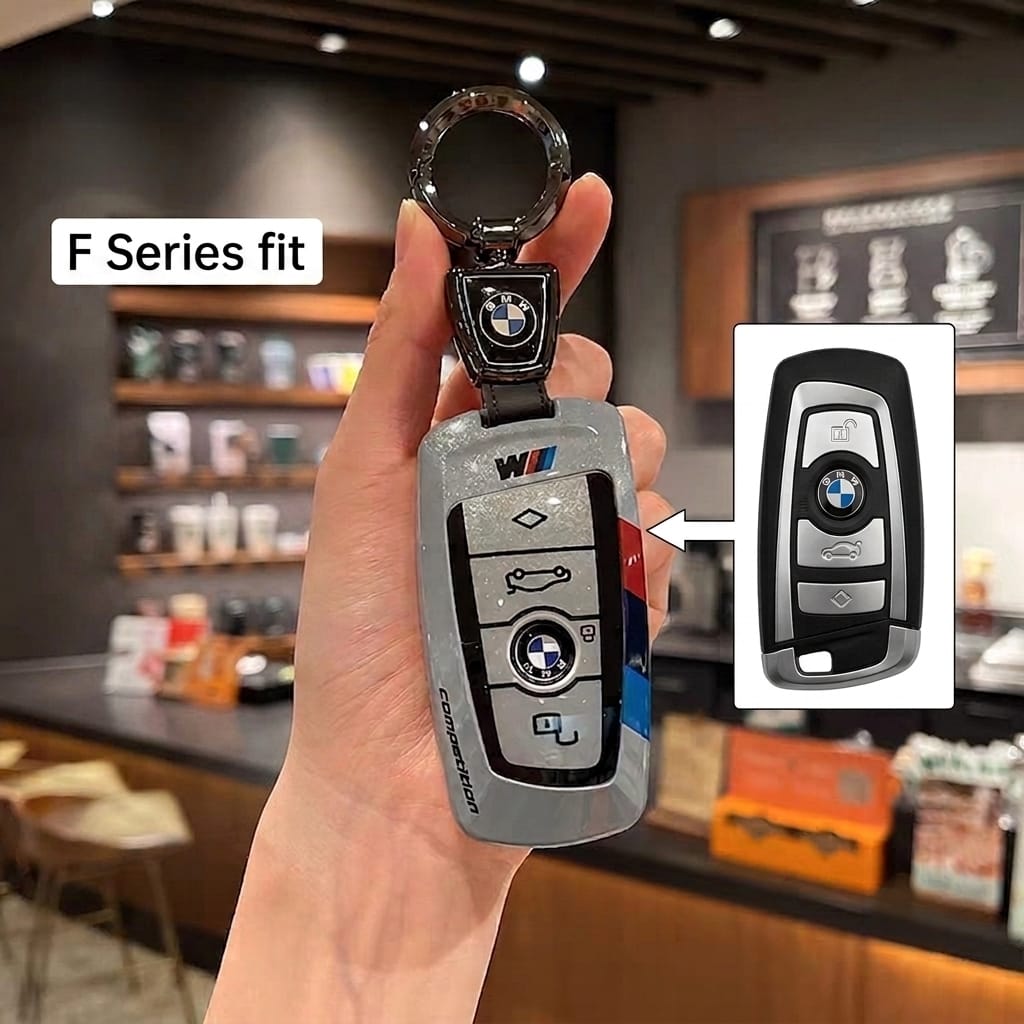 BMW F-Series key shell case, silver glitter, with BMW leather keychain, F-Series fit comparison