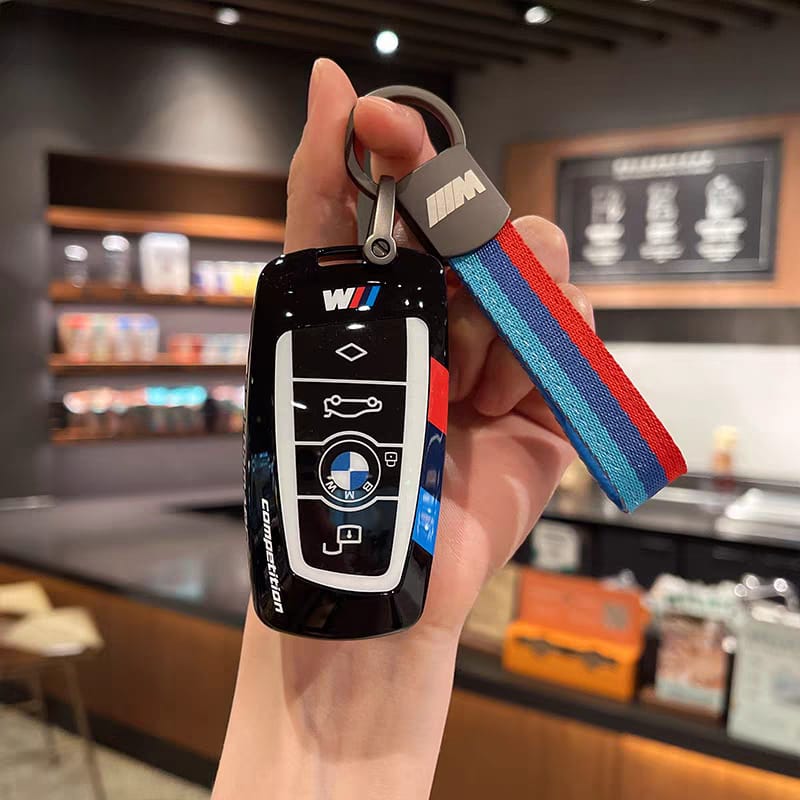 BMW F-Series key shell case, black, with M-Stripe fabric keychain