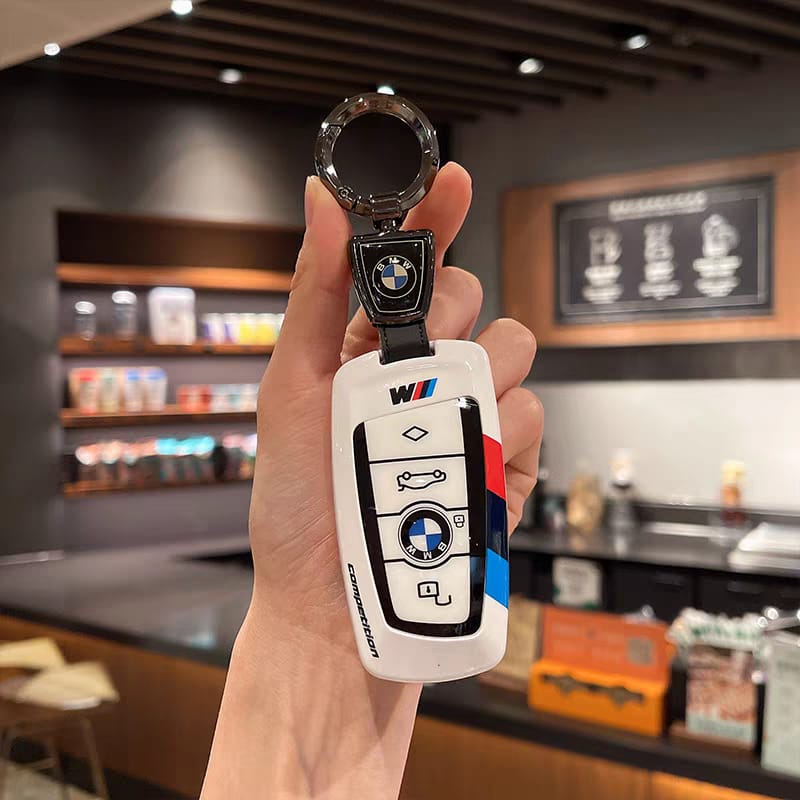 BMW F-Series key shell case, white, with BMW leather keychain