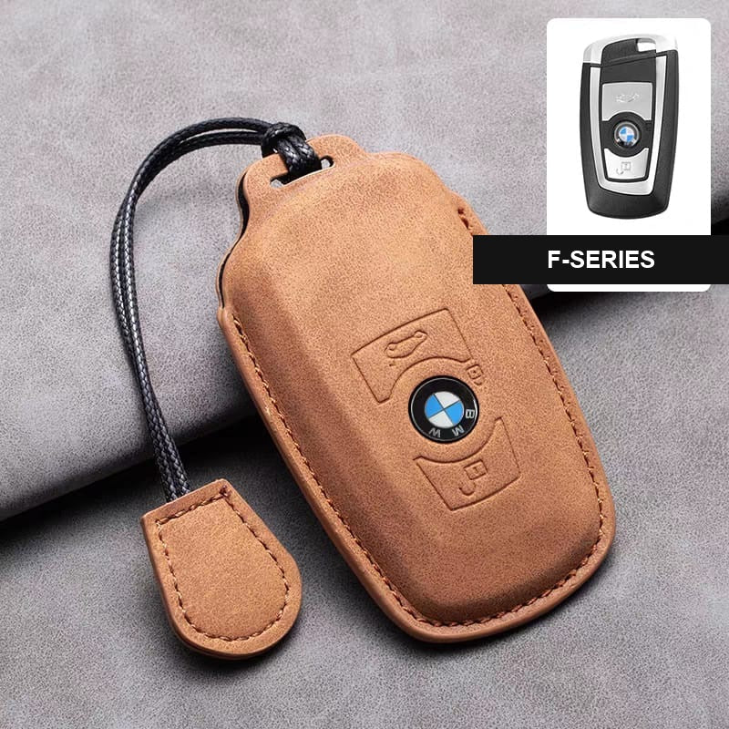 BMW leather key fob cover in brown tan, F-Series shape with wrist strap