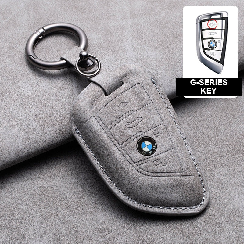 BMW gray leather key case, G-Series key, ring buckle