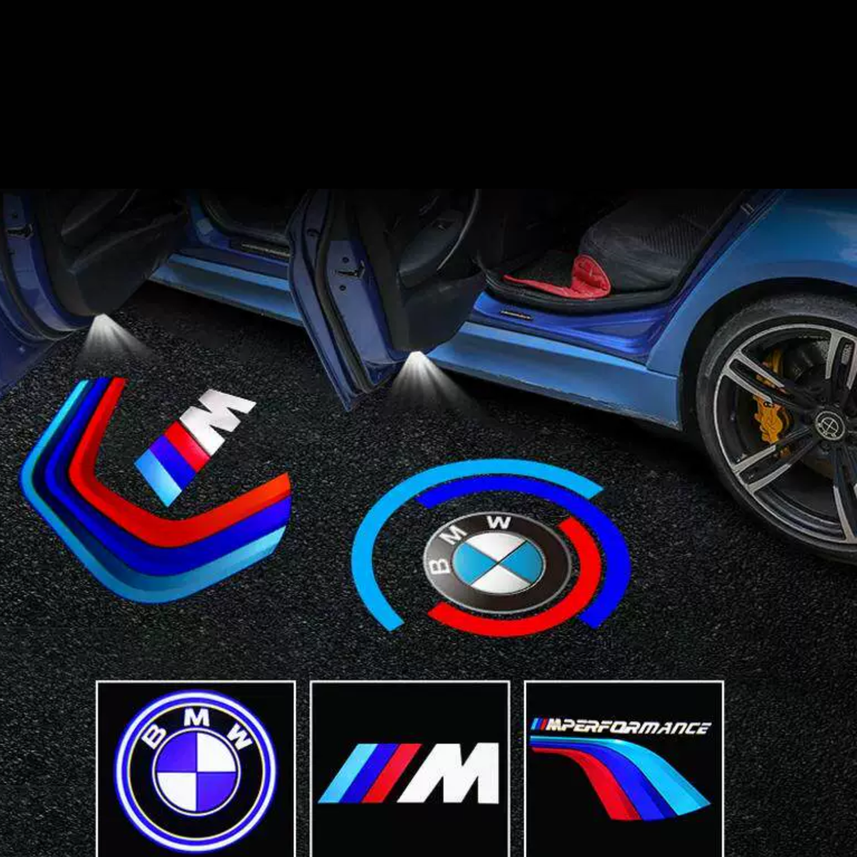 BMW welcome light door projector demo showing M logo and BMW roundel projections on ground plus car installation view