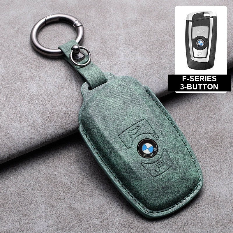 BMW olive green leather key case, F-Series 3-button key, ring buckle