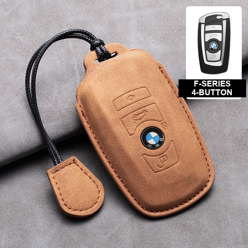 BMW brown-tan leather key case, F-Series 4-button key, cord buckle