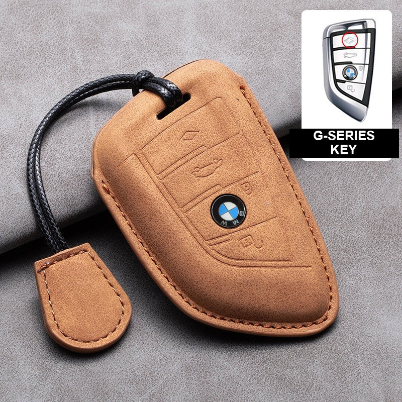 BMW brown-tan leather key case, G-Series key, cord buckle