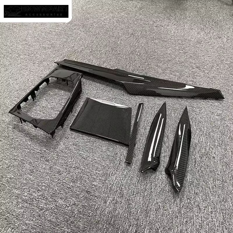 BMW M3 M4 dry carbon fiber interior parts 6-piece kit on floor