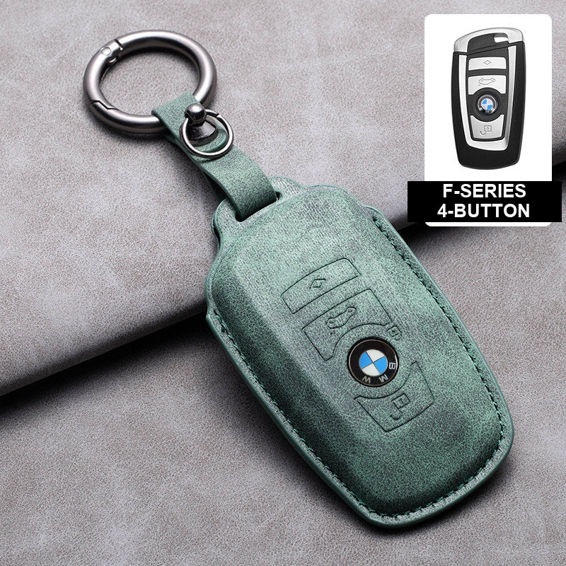 BMW olive green leather key case, F-Series 4-button key, ring buckle