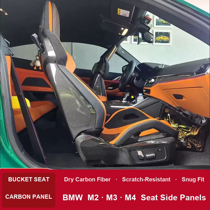 BMW M2 M3 M4 dry carbon fiber seat side panels installed in G80 G82 bucket seat