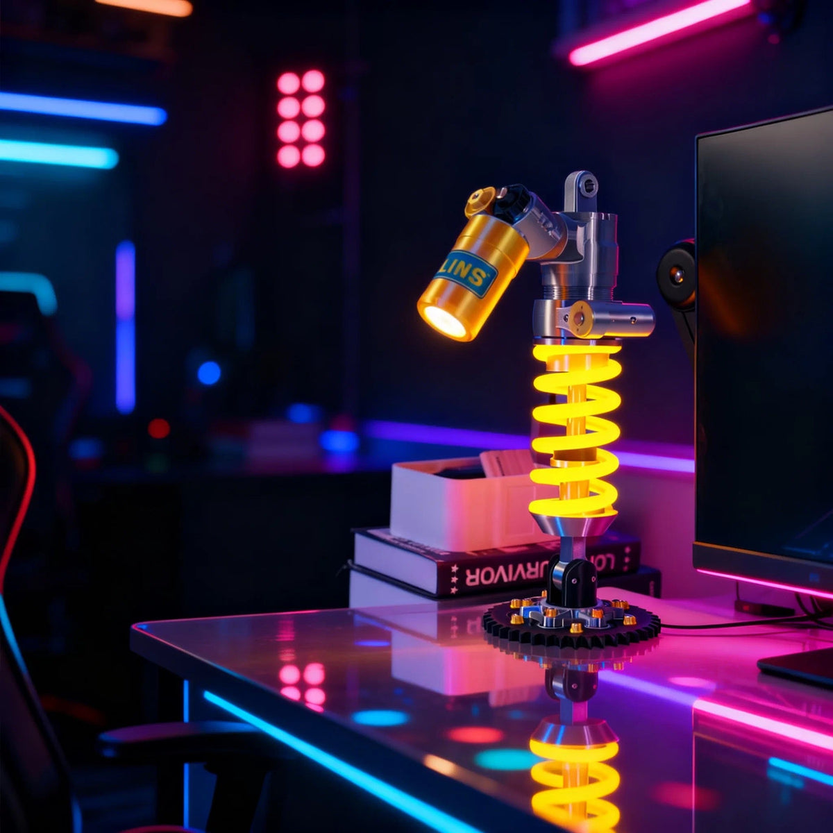 Suspension shock absorber lamp glowing in a neon gaming setup