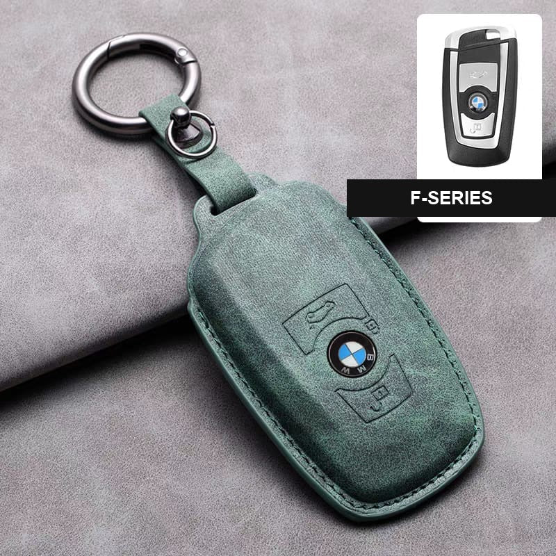BMW leather key fob cover in green, F-Series shape with keyring