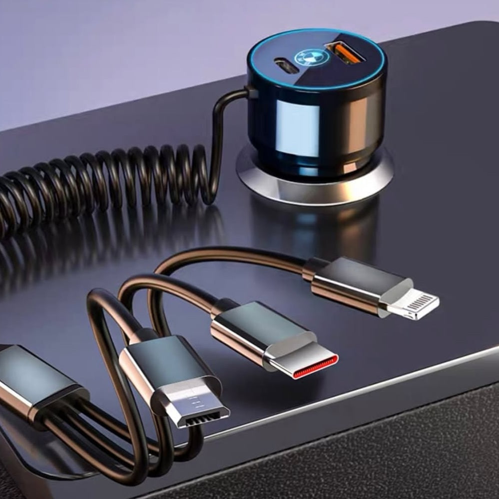 BMW car charger with USB-C, USB-A and Lightning cable ports on a dark surface
