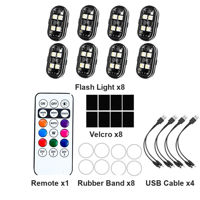 8-piece wireless RGB LED strobe light kit with remote control and mounting accessories