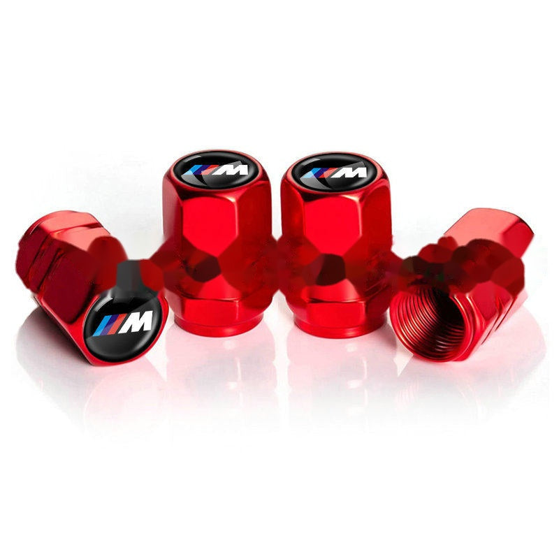 BMW M Stripe red tire valve caps, set of four