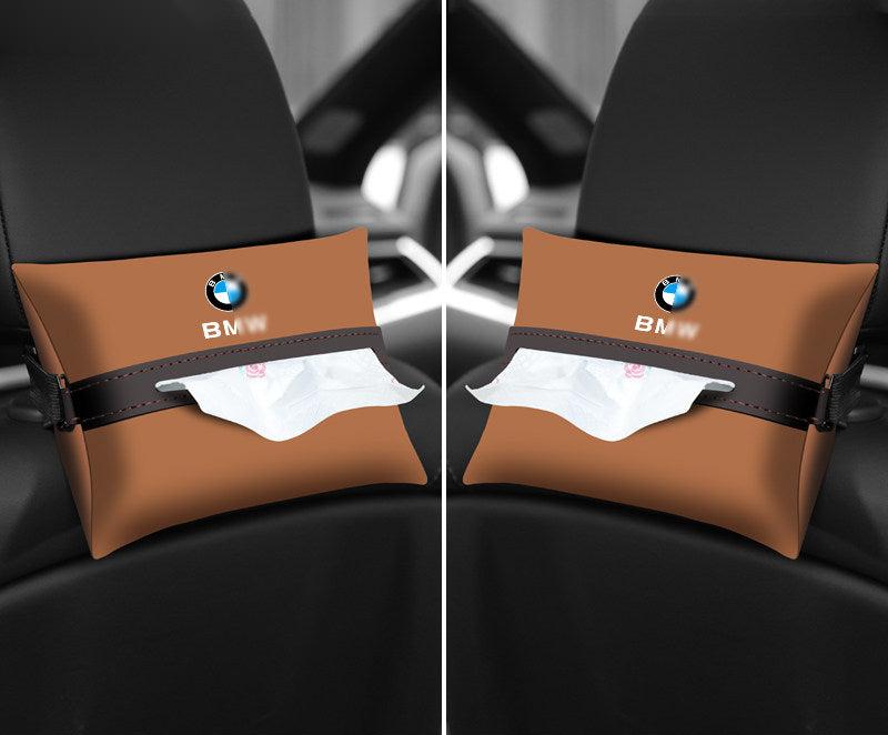 Brown leather BMW tissue holder - set of 2, mounted on both front headrests