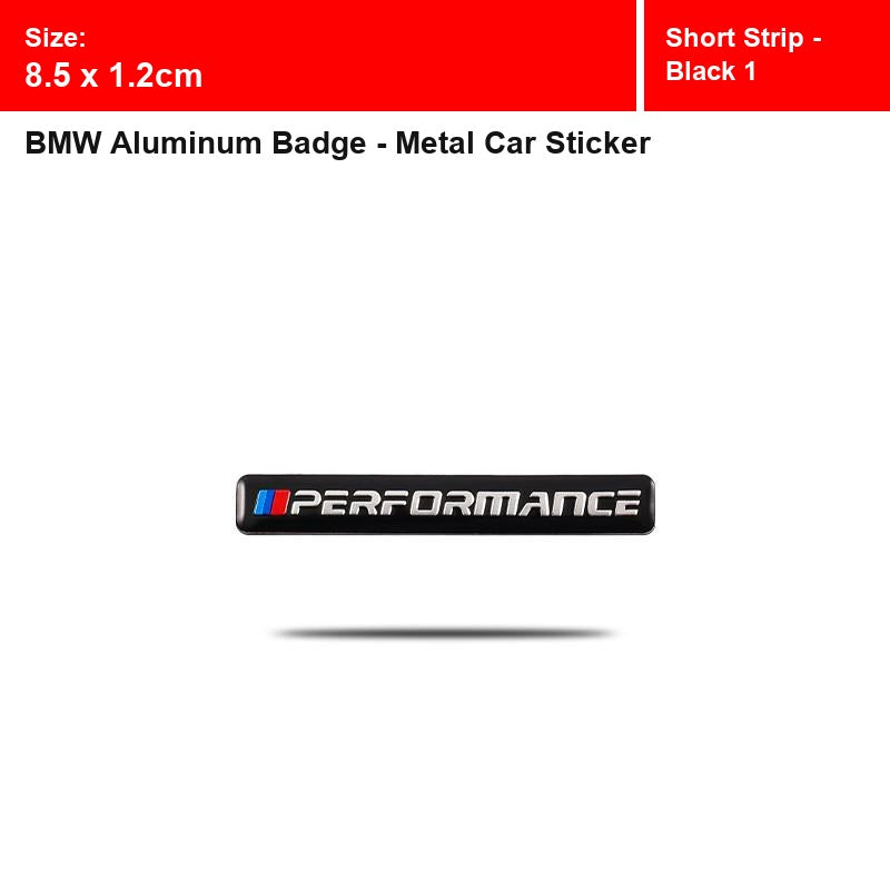 BMW aluminum badge, Short Strip - Black 1 design, size 8.5 x 1.2cm
