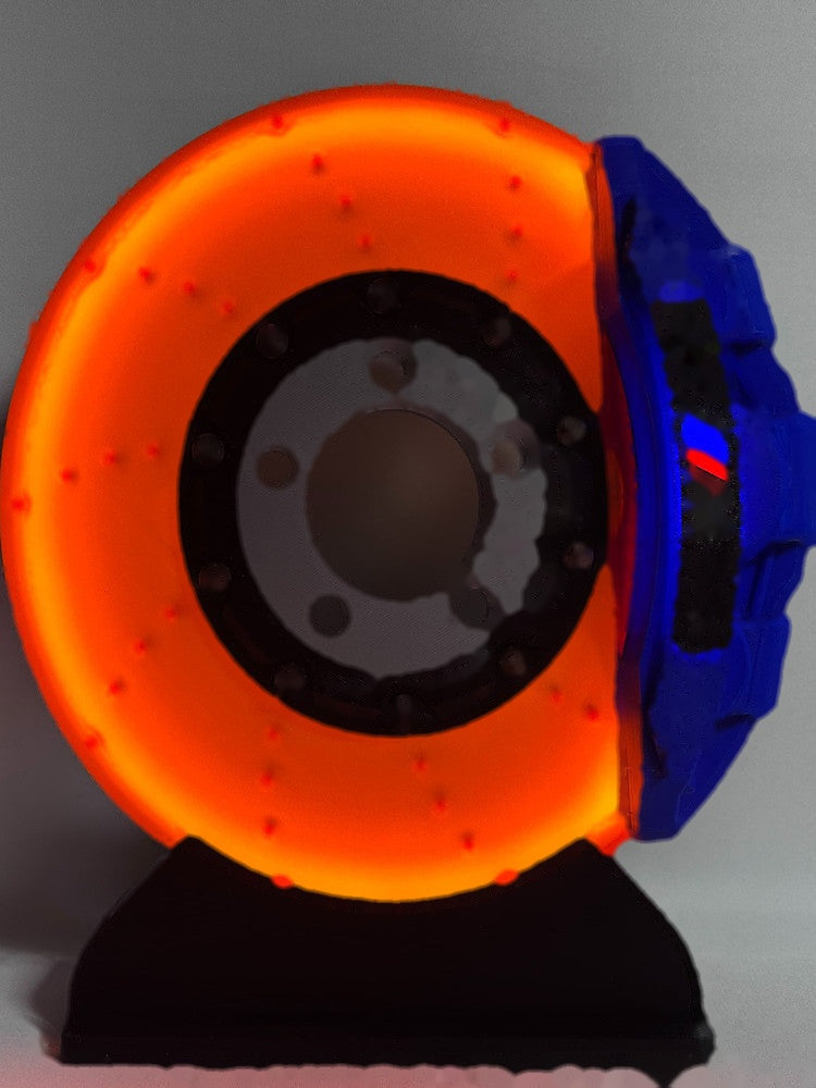 BMW M brake disc LED night light, blue caliper, side angle