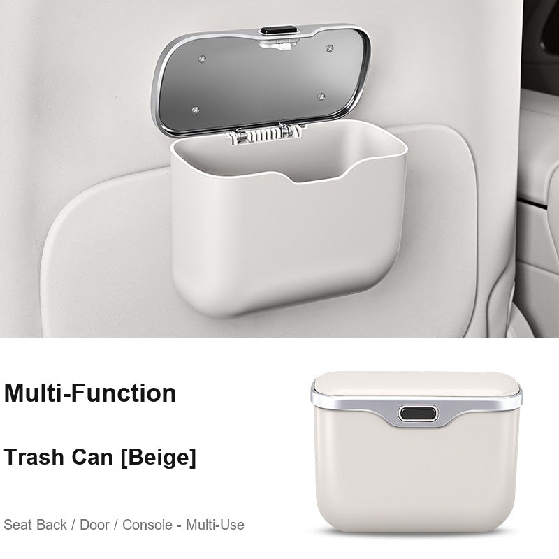 Multi-function BMW car trash bin beige, mounted on seat back in car interior