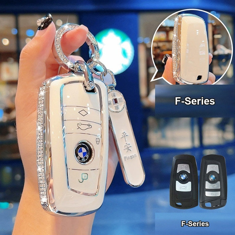 BMW key case Style A (F-Series) - Cream White/Silver Edge + Smooth Number Plate