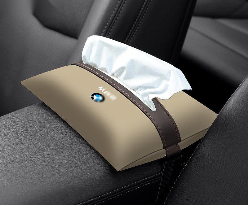 Beige leather BMW tissue holder - single pack, mounted on headrest