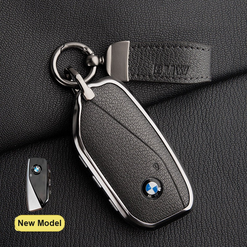 BMW New Model key fob case in Deep Black ALRAN French goat leather with BMW Pendant Keyring - fits X1 X3 X5 X7, 5/7 Series, 740Li, i7