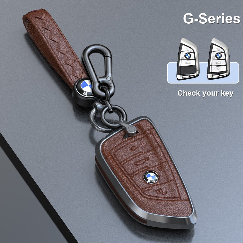 BMW genuine leather key fob case cover in Mocha Brown for G-Series smart key with keychain - fits 3/5 Series, X1 X3 X5 X7, i5, 2 Series