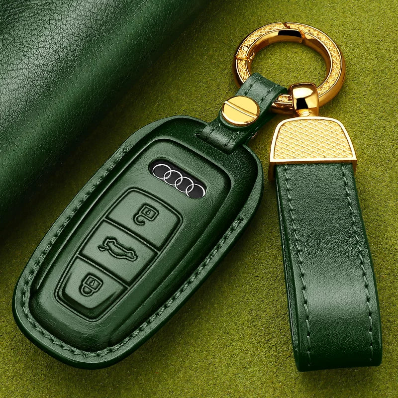 Audi Heritage Top-Grain Leather Key Case – Handcrafted Cowhide with Signature Keyring