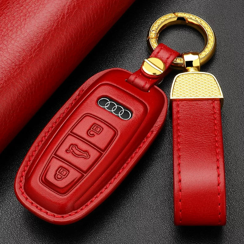 Audi Heritage Top-Grain Leather Key Case – Handcrafted Cowhide with Signature Keyring