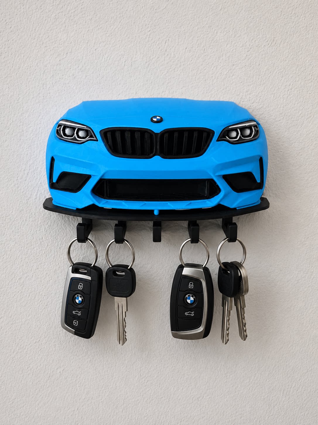 BMW M2 front end blue 3D wall key hook, front view