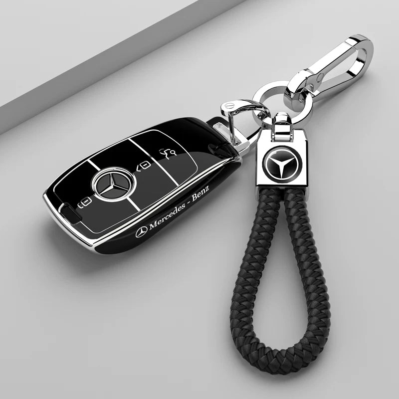 Mercedes-Benz Riviera Two-Tone Key Case – Classic Black – Silver Trim with Black Braided Strap