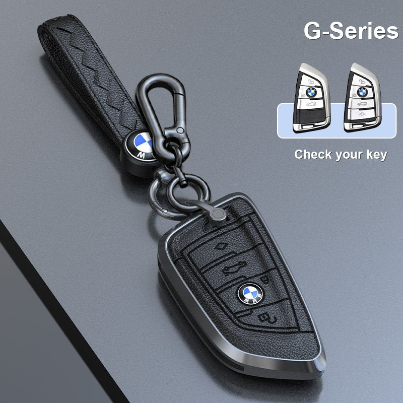 BMW genuine leather key fob case cover in Premium Black for G-Series smart key with keychain - fits 3/5 Series, X1 X3 X5 X7, i5, 2 Series