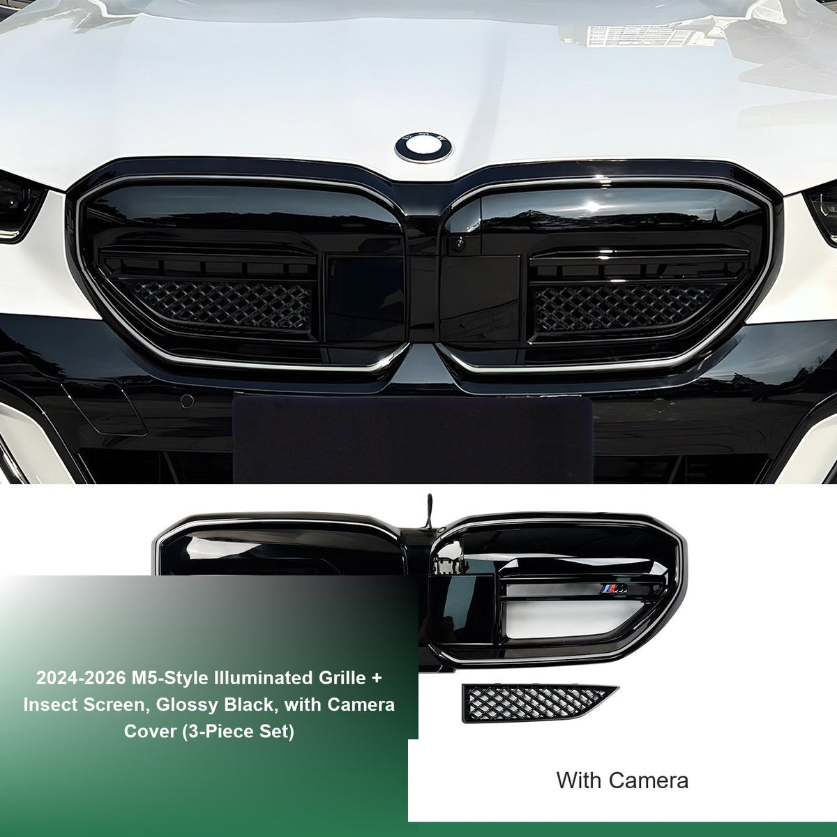 BMW 5 Series Grille - 2024-2026 M5-Style Illuminated Grille + Insect Screen, Glossy Black, with Camera Cover (3-Piece Set)