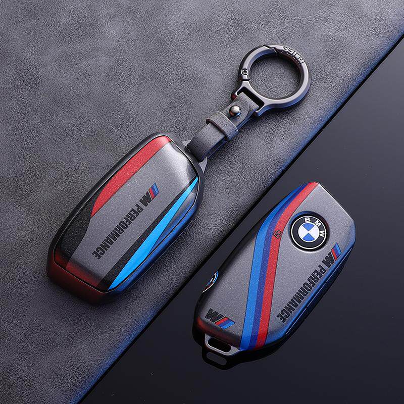 BMW Style F New Model key fob case, black shell, gray leather buckle keychain