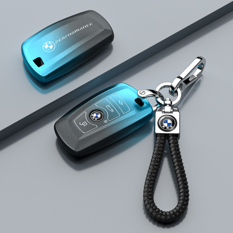 BMW TPU key fob case cover in Matte Dreamy Blue Woven Cord Double Buckle for F-Series 3/5 Series, X3, GT, 1 Series smart key
