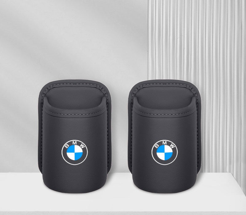 BMW leather car cup holder two piece set, black with BMW logo