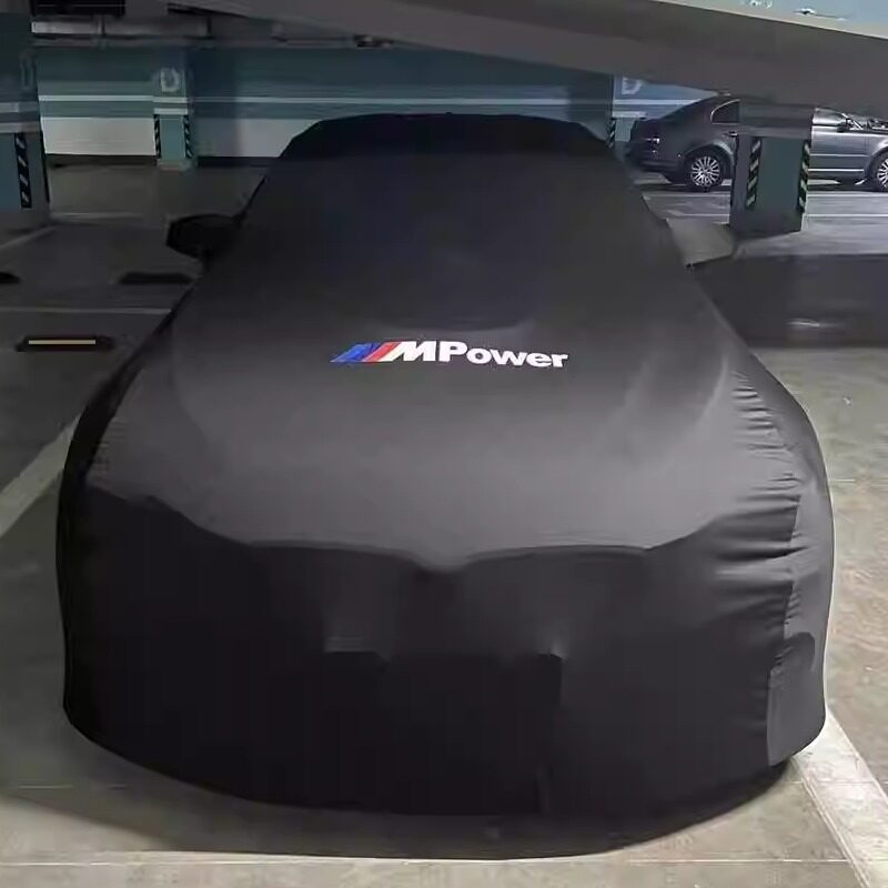 BMW MPower text logo car cover in black, tailored stretch fit