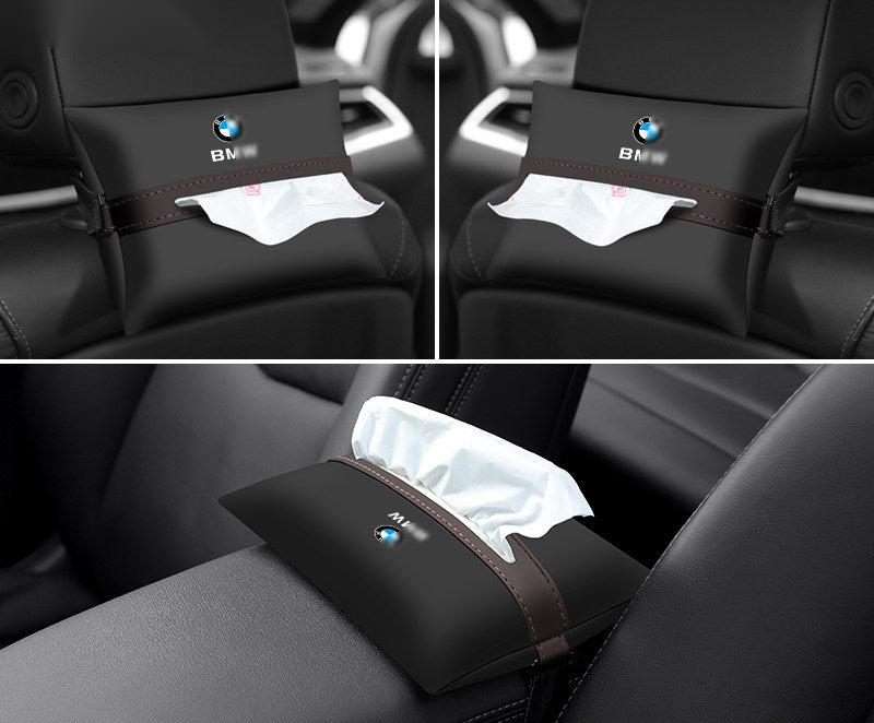 Black leather BMW tissue holder - set of 3, seat back and armrest views