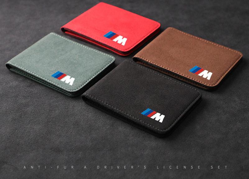 Four color options of BMW M suede card holder - red, green, brown, black