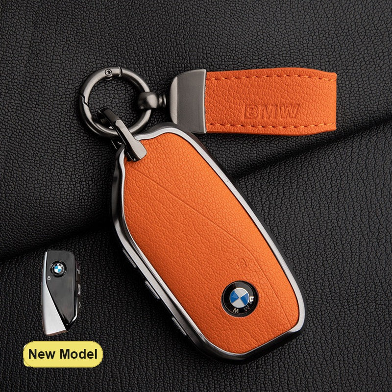 BMW New Model key fob case in Emma Orange ALRAN French goat leather with BMW Pendant Keyring - fits X1 X3 X5 X7, 5/7 Series, 740Li, i7