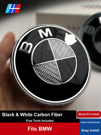 BMW sort og hvid kulfiber-emblemer - kølerhjelm, bagklap, hjul og rat