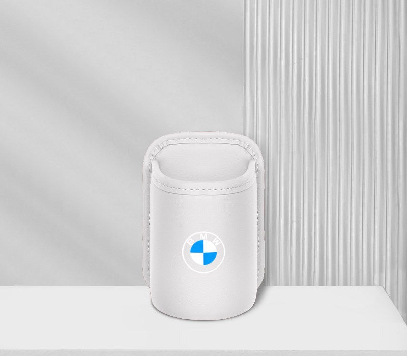 BMW leather car cup holder single piece, white with BMW logo
