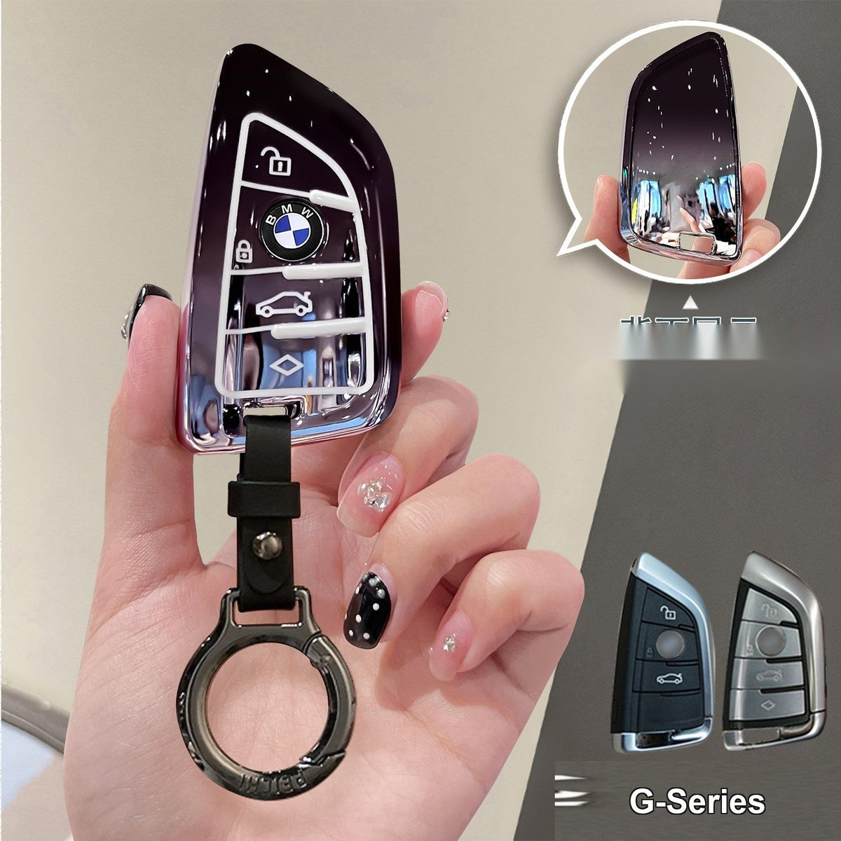BMW key sleeve Starry Black with black leather buckle keychain
