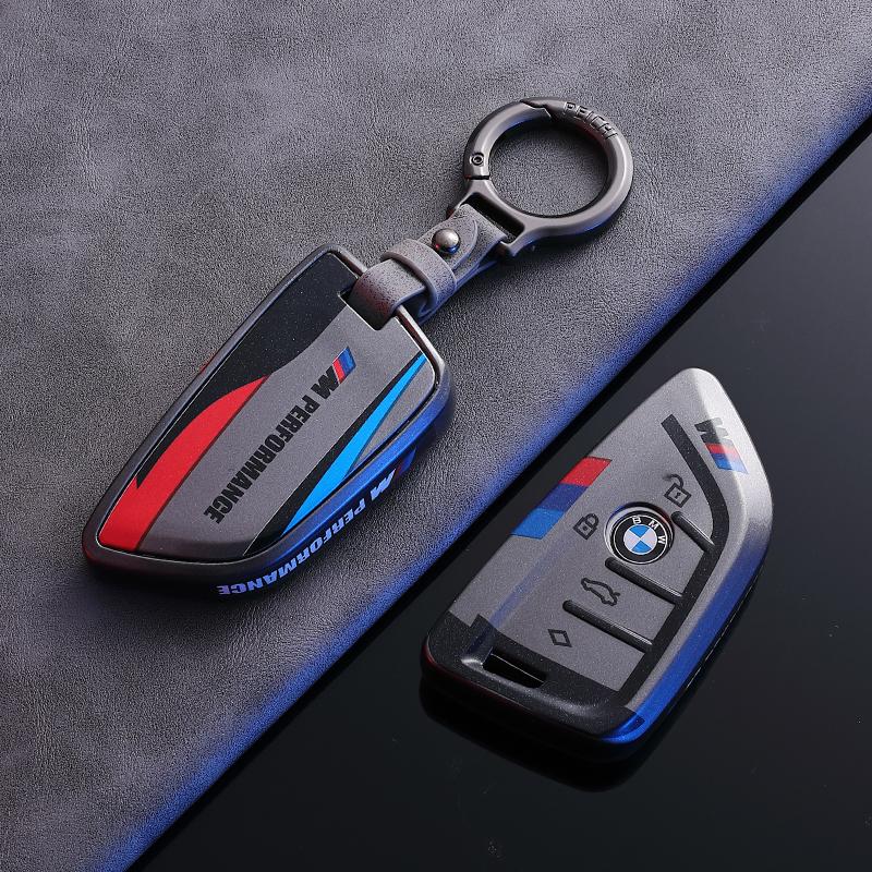 BMW Style B G-Series key fob case, black shell, gray leather buckle keychain