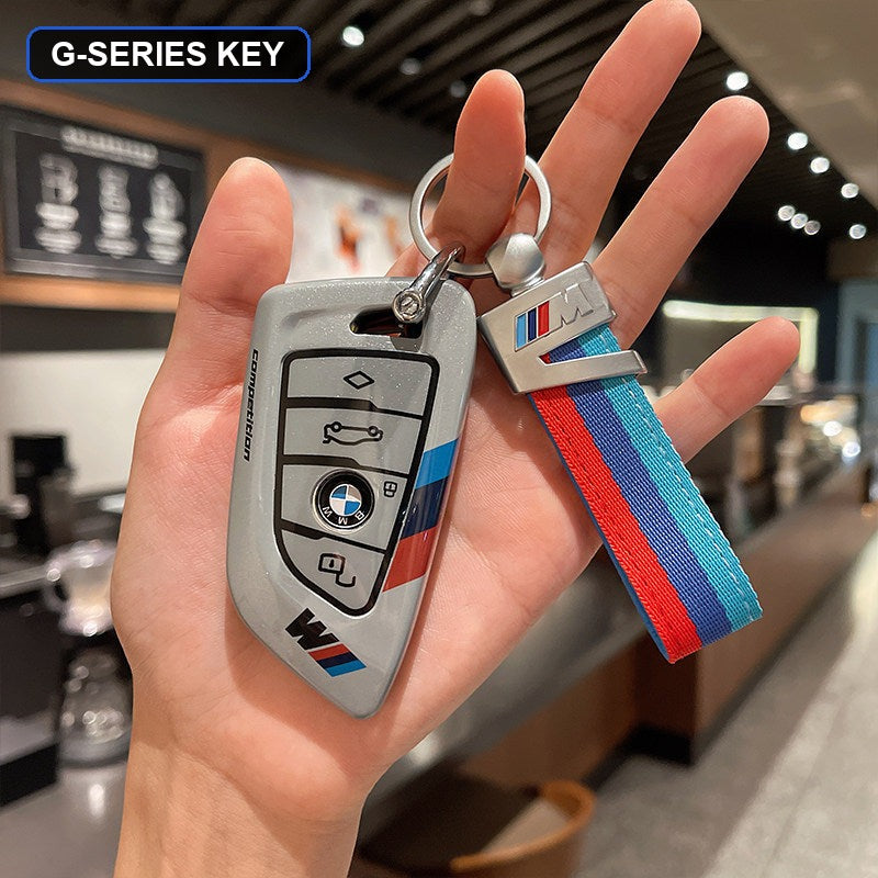 BMW key shell case white with black leather and M-stripe keychain