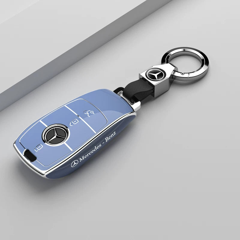 Mercedes-Benz Riviera Two-Tone Key Case – Peak Blue – Silver Trim with Star Ring Keychain